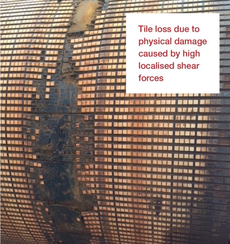Tile loss due to physical damage caused by high localised shear forces